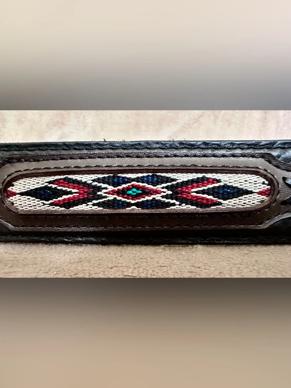 VINTAGE AZTEC THEMED LEATHER BELT & USA BUCKLE.